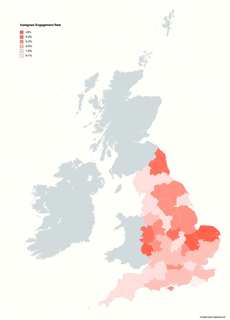 UK County DMO's split by social engagement levels - Norwich and Yorkshire rank highly compared to Cornwall and London