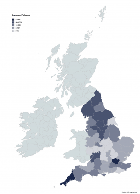 UK County DMOs split by Instagram follower count. London and Yorkshire perform well compared to other counties in the midlands.