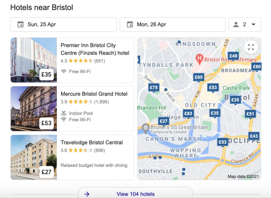 Google Hotels display after the search of 'Hotels in Bristol'
